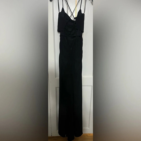 La Femme Spaghetti Strap Jersey Gown in Black - Picture 3 of 6